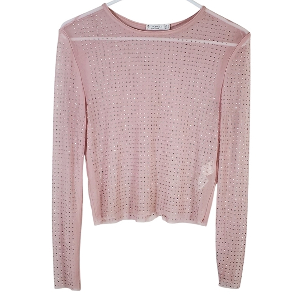 2409 * Stradivarius Mesh Rhinestone Long Sleeve Top Pink Size S